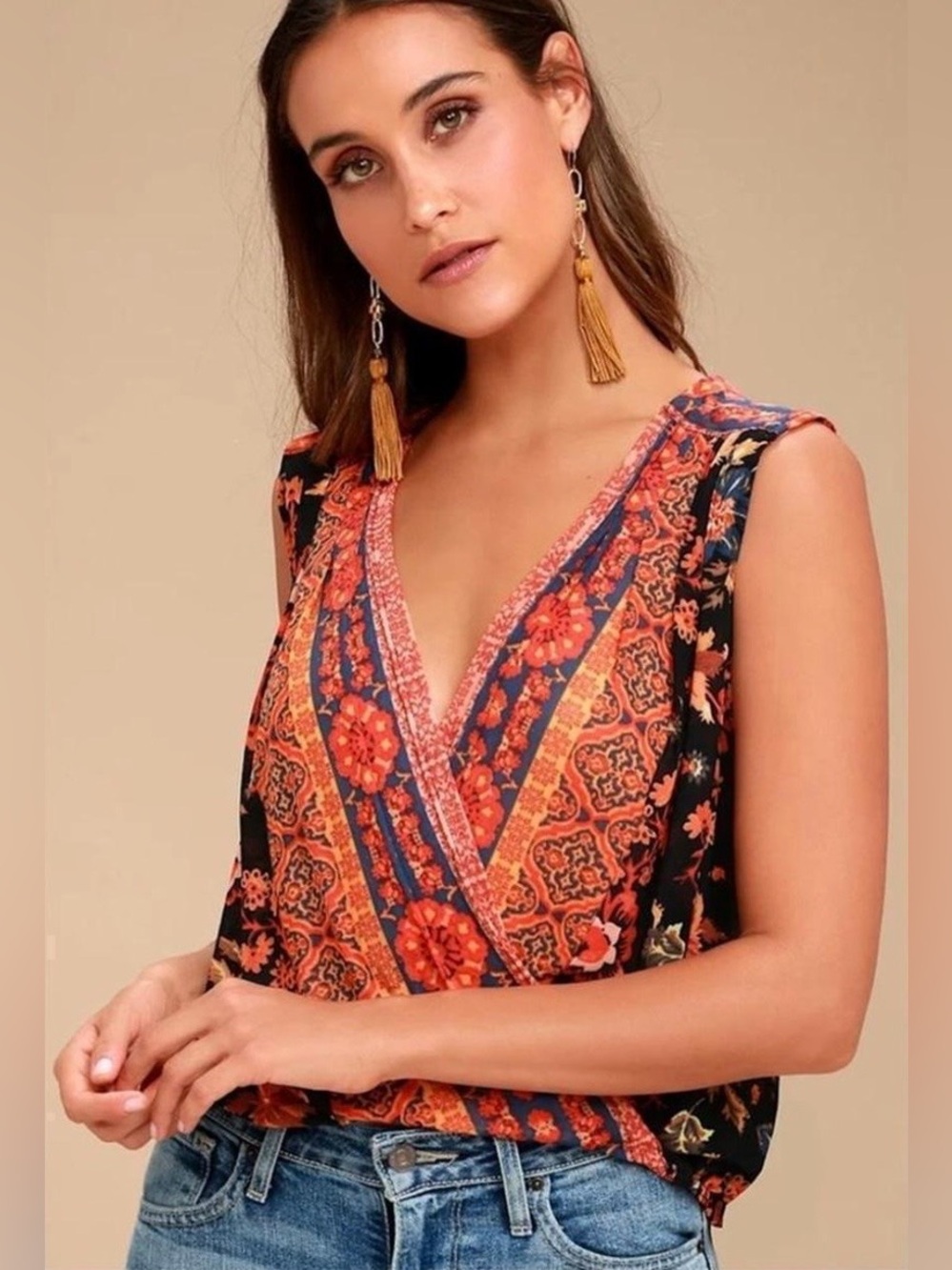 Free People Havana Muscle Top Faux Wrap Medium Sleeveless Mesh Floral Boho Chic